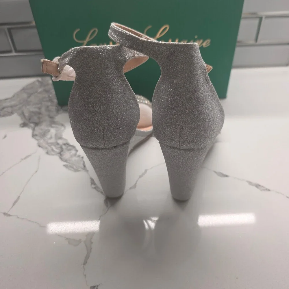 Lauren Lorraine Shimmer Womens Silver Wedge Sandals Rhinestone Ankle Strap Heels